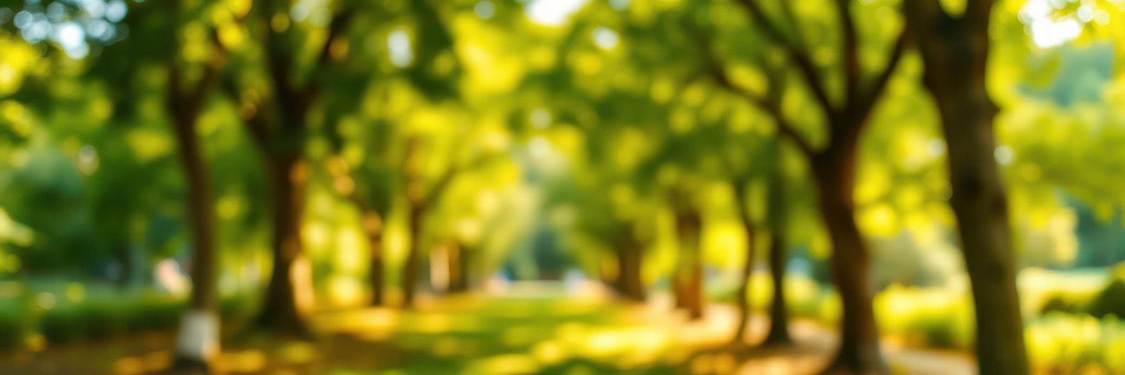 Lush green pathway surrounded by tall trees in a tranquil park during sunny daylight